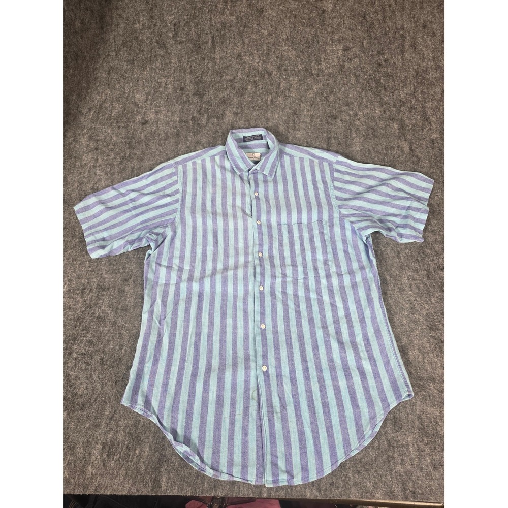 Small Shirt Striped Short Sleeve Cotton Button Down Mens Blue Neiman Marcus